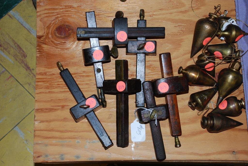 Seven Panel Gauges: Seven exotic wood handled gauges with brass attachments. Condition: fair