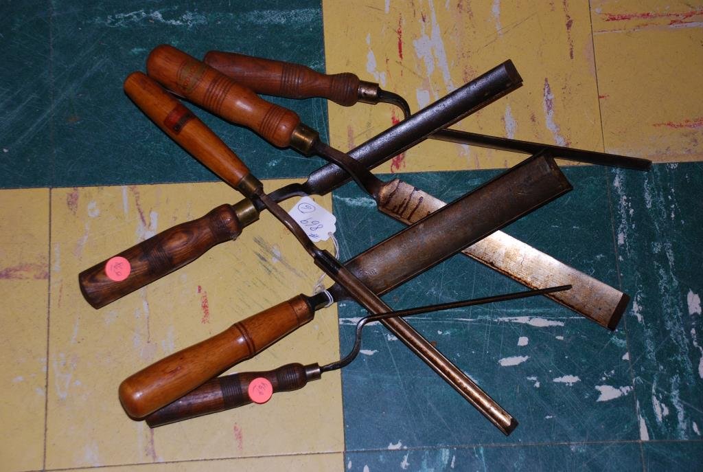Crank Neck Gauges: Six crank neck gauges, measuring from 1/4” wide to 1 1/2” wide. One is marked Buck Brothers. Condition: Very good