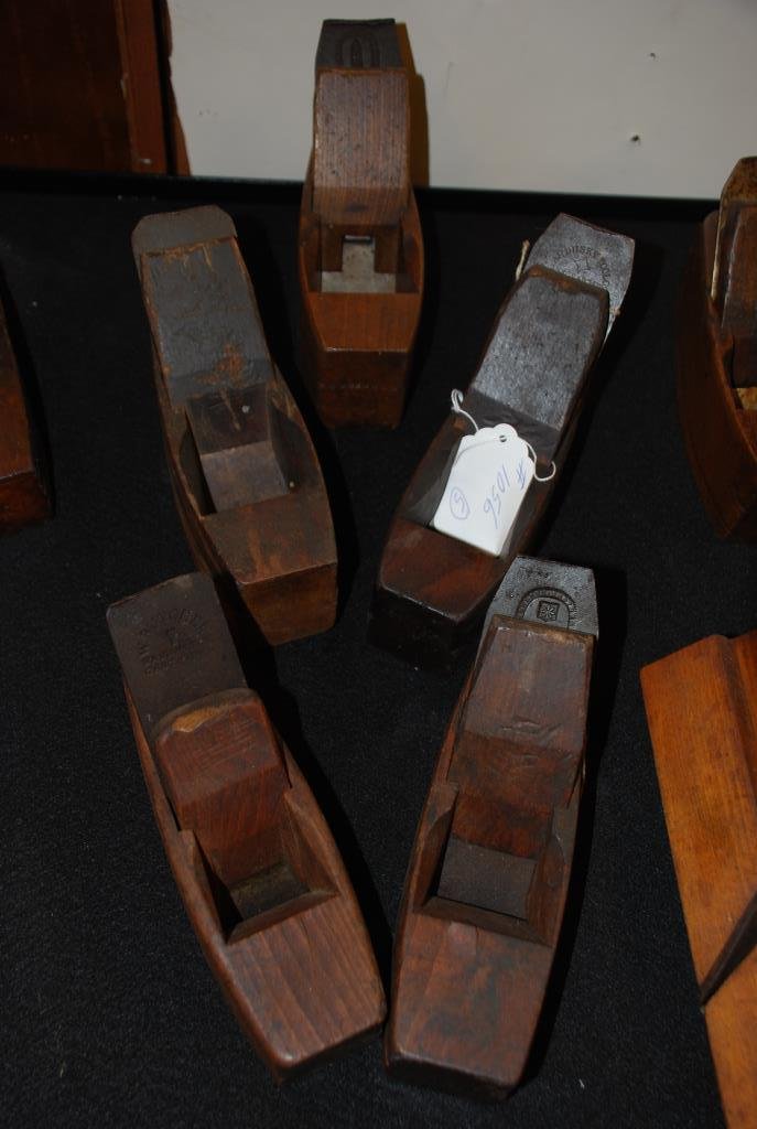 Five Coffin Shaped Planes: Five coffin shaped planes, by various makers. The longest measures 8”. They each have their original blades and wedges. Condition: fair