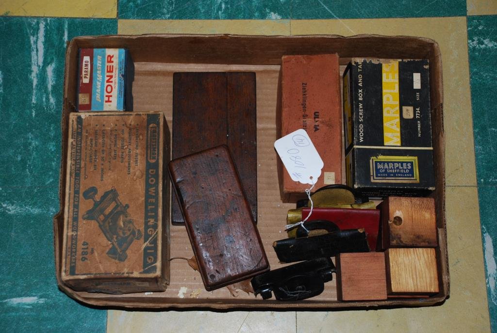 Miscellaneous Lot of Tools: A whet stone in a wooden box, a German made Ulmia tool, a Marples screw box and tap (no. 7734). A machinists metal number set, with a stamp 'T. Campbell.' Includes ten other various tools. Some items 