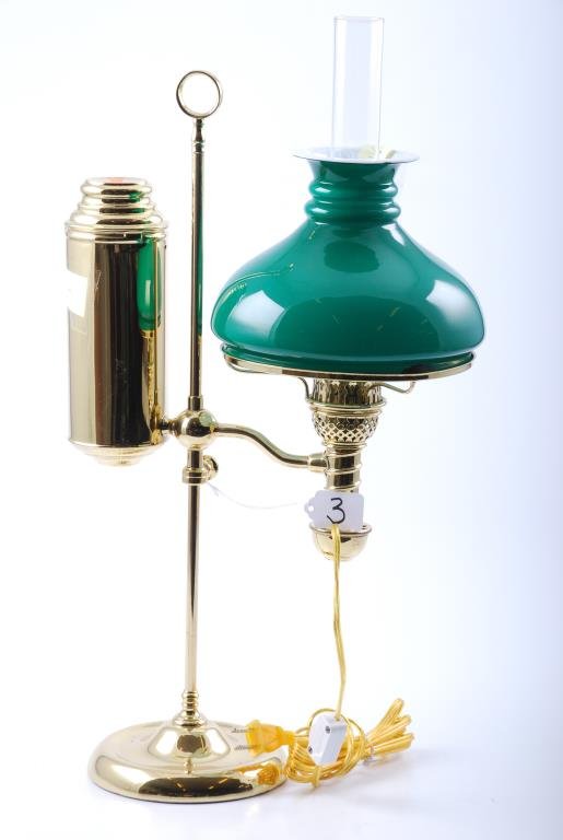 Manhattan Brass Co. Brass Student Lamp: Manhattan Brass Co. Brass Student Lamp Pat. May 20, 1879 with double ring cased shade. Height 21 inches. Condition: Good: Electrified without harm to lamp. Small chip to upper rim of shade