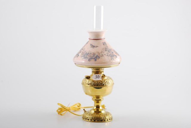 New Juno No.1 Brass Table Lamp by Edward Miller: New Juno No.1 Brass Table Lamp by Edward Miller with embossed shoulder and embossed and reticulated foot. The slant shade is transfer decorated with a butterfly and floral motif. Height 15 inches. Con