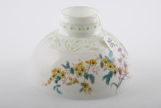 Opal Glass Student Shade w/ Low Top & Raised Motif: Opal Glass Student Shade w/ Low Top & Raised Motif. Transfer decorated floral design. 10 inch fitter. Height 6 1/2 inches. Condition: Good: Minor wear to decoration.