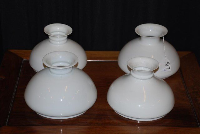 (4) Similar Milk Glass Dome Shades w/ 7" Fitters: (4) Similar Milk Glass Dome Shades with 7" Fitters. Small variations include single, double and no neck rings. Condition: Good: Surface Grime