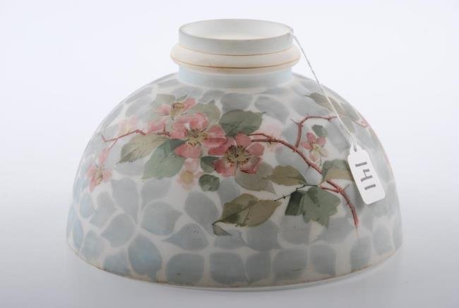 Hand Painted Milk Glass Table Lamp Shade: Hand Painted Milk Glass Table Lamp Shade with a beautifully executed heirloom rose motif. 10 inch fitter. Condition: Good