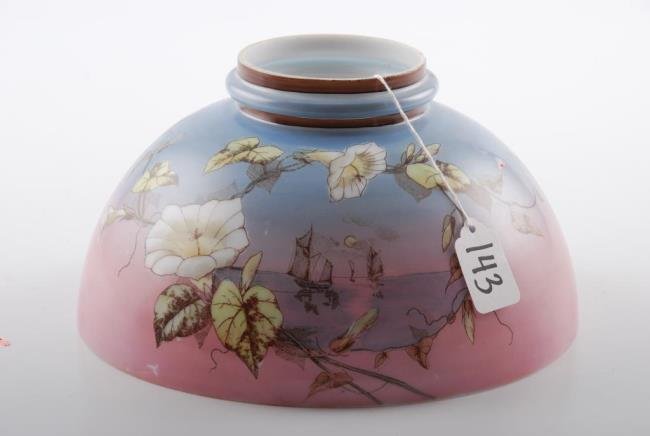 Transfer Decorated Milk Glass Table Lamp Shade: Transfer Decorated Milk Glass Table Lamp Shade with morning glory cartouche surrounding a quite sail boat vista. Condition: Good