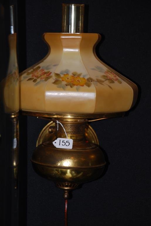 Rayo Wall Sconce with Hand Painted Floral Motif: Rayo Wall Sconce with Hand Painted Floral Motif. 10 inch fitter. Electrified. Condition: Good: Tarnish, wear and corrosion, surface grime