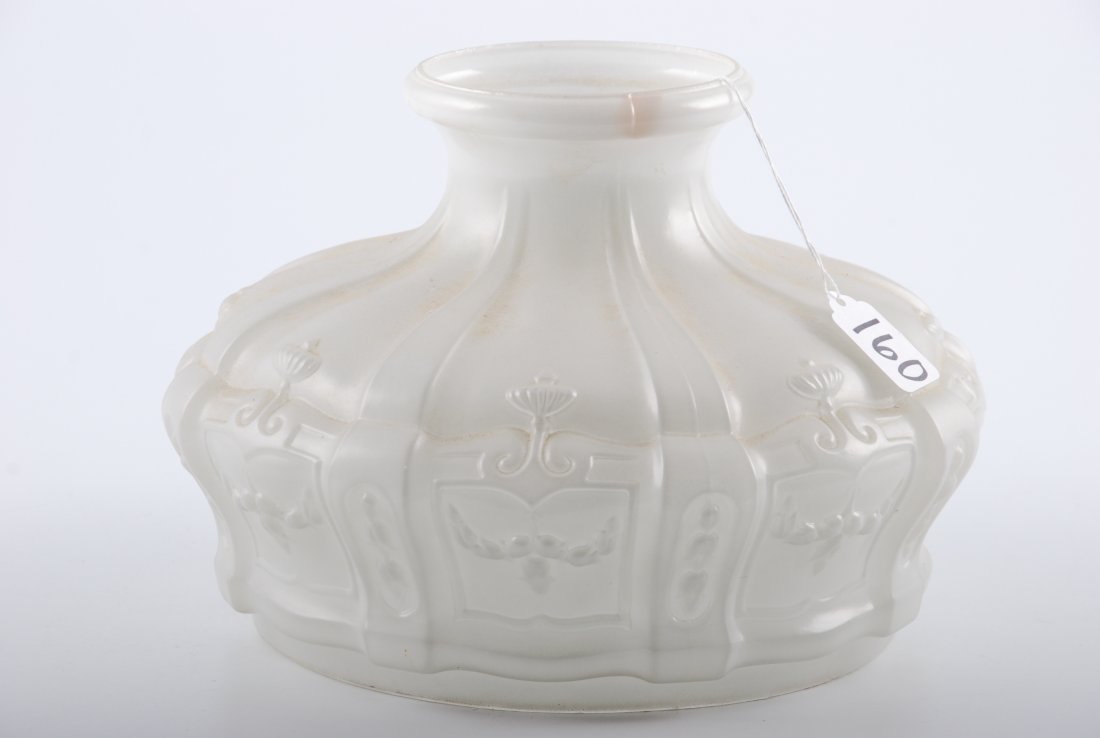 Opal Glass Table Lamp Shade with Formed Motifs: Opal Glass Table Lamp Shade with Formed Motifs and 8 3/4 inch fitter. Height 8 inches. Condition: Good: Surface grime.