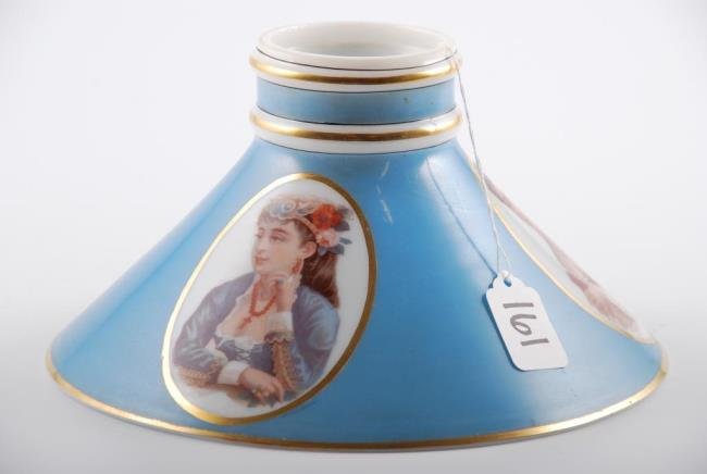 Milk Glass Slant Students Lamp Shade w/ Portraits: Milk Glass Slant Students Lamp Shade with (3) Transfer Decorated Portraits and gilt banding. 10 inch fitter. Height 5 1/4 inches. Condition: Good: (2) Scratches between two of the portraits in the blu