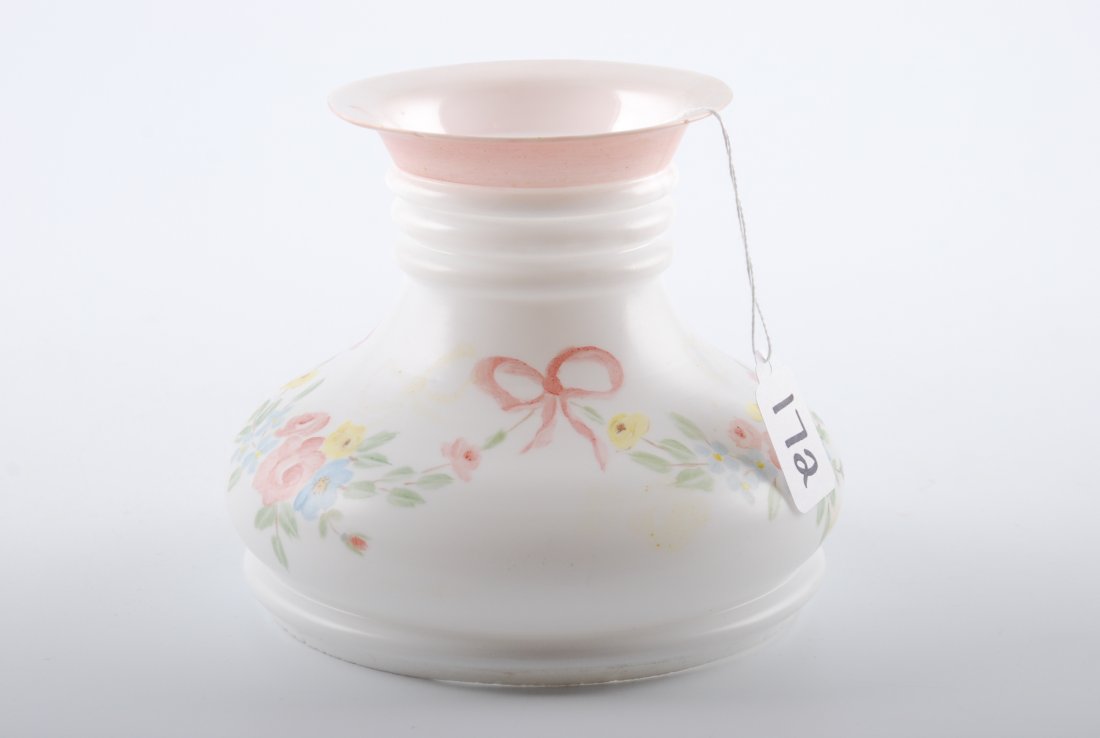 Tam-o'-shanter Milk Glass Students Lamp Shade: Tam-o'-shanter Milk Glass Students Lamp Shade with 7 inch fitter. Height 6 inches. Hand painted floral motif with pink bows. Condition: Good