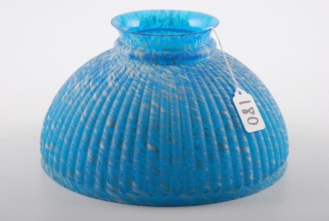 Ribbed Frosted Swirled Glass Table Lamp Shade: Ribbed Frosted Swirled Glass Table Lamp Shade in Blue and White Glass. 10 inch fitter. Height 6 inches. Condition: Small rim chips to top and bottom