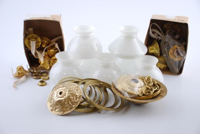Large Collection of Kerosene Lamp Parts: Large Collection of Kerosene Lamp Parts including (6) opal glass student lamp shades with 6 inch fitters, (9) brass rings with 6 inch fitters, ceiling mount assemblies and over a dozen burners Conditi