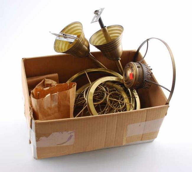 Assortment of Brass Reproduction Lamp Parts: Assortment of Brass Reproduction Lamp Parts including ceiling mounts, yokes, rings and hardware. Condition: As new