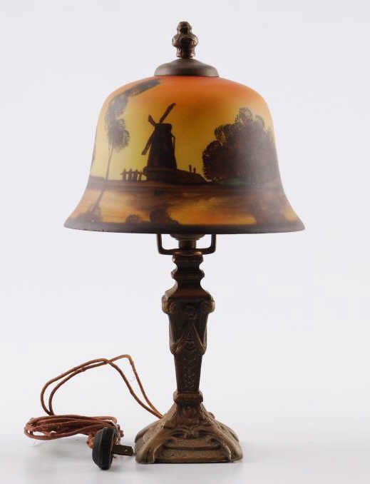 Diminutive Boudoir Lamp with Reverse Painting: Diminutive Boudoir Lamp with Reverse Painting of Windmills on Shade. Height 13 inches. Bell form shade 8 inches diameter. Condition: Good: Minor wear to base surface