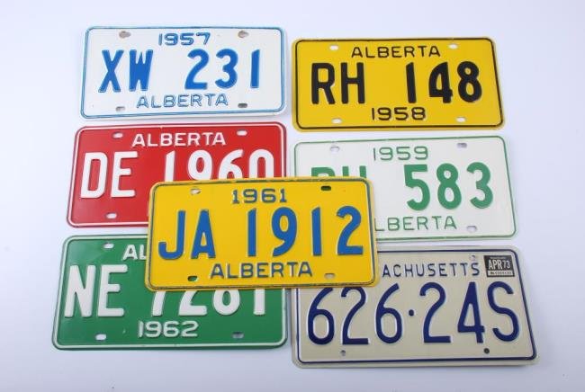 (6) Alberta Canada License Plates 1957-1962: (6) Alberta Canada License Plates 1957-1962 together with (1) Massachusetts License Plate registered in 1973. Condition: Good-Excellent