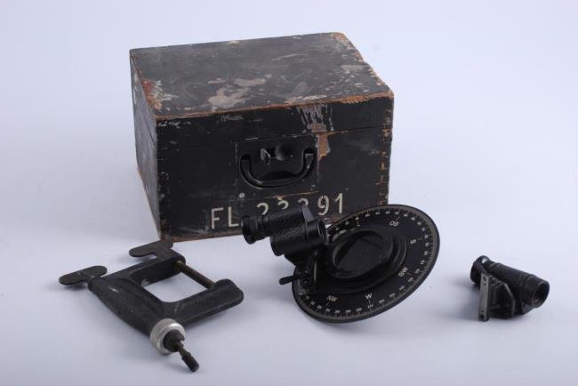 Peilsheibe PS 6 Luftwaffe Navigation Instrument: (bearing plate) as used by members of the Luftwaffe during WWII. Marked Plath, Hamburg. Included is a universal tripod holder, D.R.P. and makers marked to Hugo Meyer, Gorlitz and a second sight.