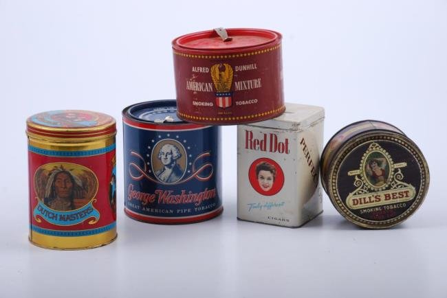 (5) Tin Tobacco Canisters with Lithographic Art: Including Dill's Best, Dutch Masters, Red Dots, George Washington and Alfred Dunhill. Height 6 inches and under Condition: Good: Wear to Red Dots which is also a bank.