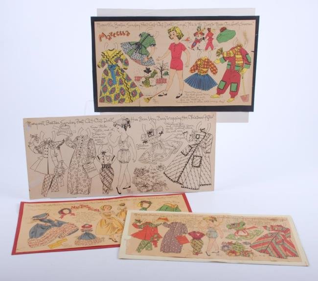 Original Art Lucy Leary Boston Post Paper Dolls: Mounted on cardboard, Margaret (uncolored, might be be before pub.) Margaret colored, Mrs. Tom, Thumb & Marella 8 x 17 1/2, Drew pds for Boston post from 1940- 1954 Condition: Pinholes, staining, edge