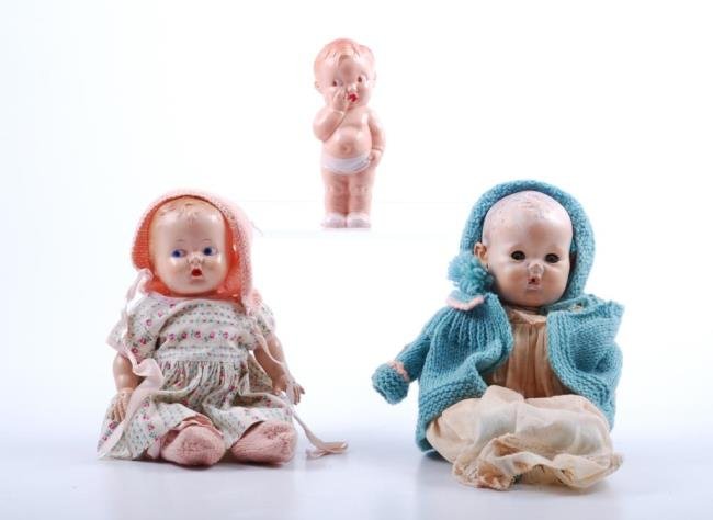 Three Vintage dolls: Effanbee rubber doll 10 1/2", hard plastic jointed doll, 9 1/2" unmarked, 5 1/2" small squeak doll Condition: Effanbee non- original clothing, soil