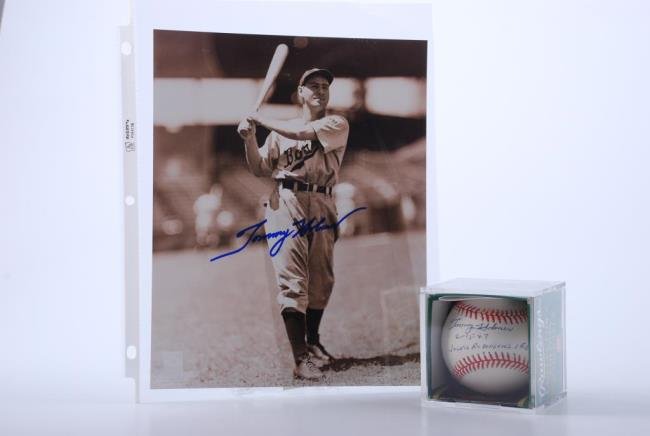 Tommy Holmes Lot ( Jackie Robinson's First Game): Tommy Holmes Lot ( Jackie Robinson's First Game) Two (2) Tommy Holmes signed items. One (1) 10" x 8" photo of Holmes in his Boston Braves uniform. One (1) Official Collector's Edition Baseball signed 