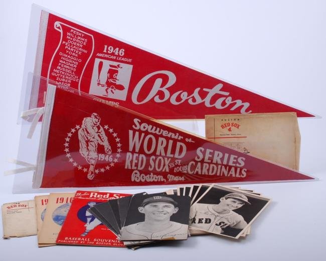 1946 World Series Lot: 1946 World Series Lot Official program and score card booklets, Boston Globe Souvenir booklet, group of promotional head shots featuring Red Sox players and two (2) reproduction pennants. Provenance: