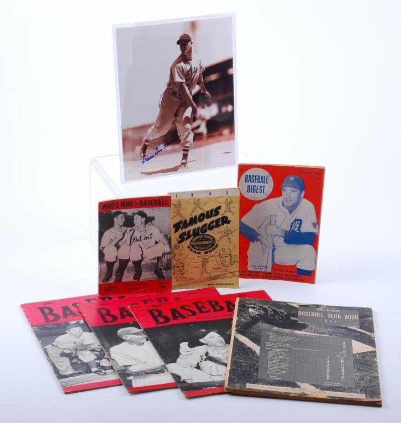 Various 1945 Baseball Publications W/ Ferriss Sig.: Various 1945 Baseball Publications W/ Ferriss Sig. Group of baseball magazines from the 1945 season. Baseball Digest, Who's Who in Baseball, Baseball Magazine,etc. Included is a signed 10" x 8" of Boo
