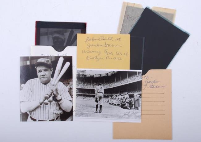 Babe Ruth Yankee Stadium Farewell Negatives: Babe Ruth Yankee Stadium Farewell Negatives Three (3) 5" x 4" negatives of iconic Babe Ruth photo taken by Nat Fein. The photos capture a cancer stricken Ruth addressing the Yankee Stadium crowd on "B