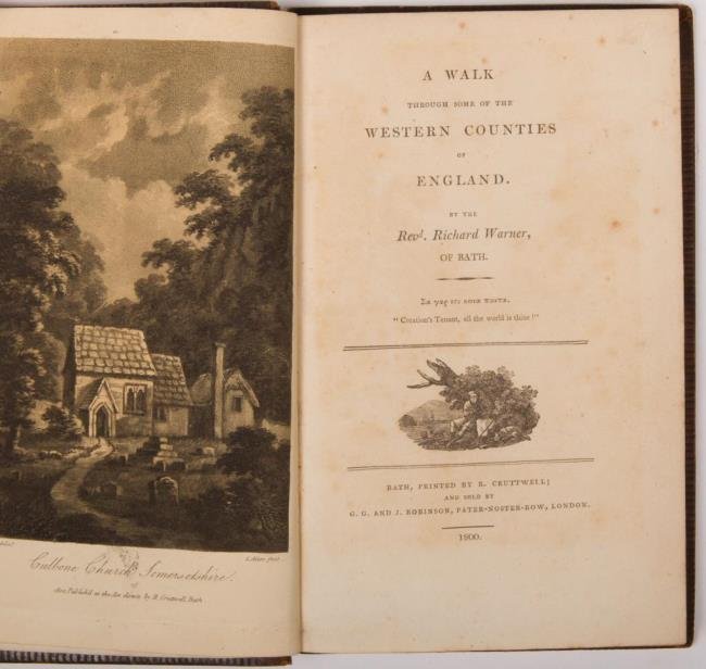 Western Tour by Warner Cruttwell 1800: "A Walk Through Some of the Western Counties of England" by Reverend Richard Warner of Bath. Bath, Printed by R. Cruttwell 1800. 222pp. 8 1/2 x 5 3/4 inches. Hardcover leather bound titles and tooling