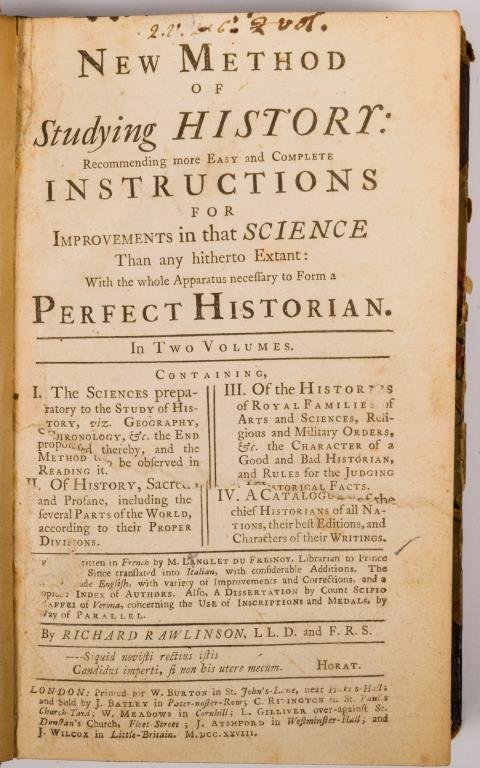 New Method of Studying History. London 1728: "A New Method of Studying History" by Richard Awlinson. London 1728 printed by W. Burton. Hardcover half leather bound with marbleized boards, tooled and gilt spine, 7 1/2 x 4 3.4 inches. Condition: W