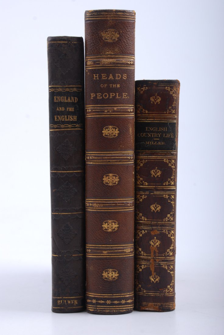 (3) 19thc. Leather-Bound Books on the English: Including: "England and the English" by Edward Bulwer. Paris, Baudry's European Library. 1833 Half leather-bound with marbleized boards, 8 x 5 1/2 inches. (wear to cover, soiling, foxing) "Portraits o