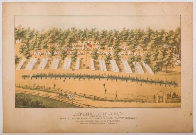 Camp Belger, Baltimore, Md. Print by E. Sachse: 1862 Civil War Encampment of the 38th Regiment of Massachusetts. 13 x 19 inches. Condition: Tear, toning, foxing. See photographs