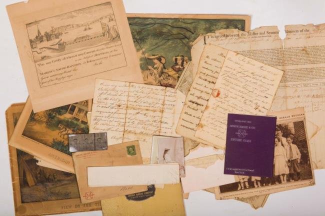 Ephemera Lot with Map, Seaman's Agreement, Prints: Marriage Certificate, Seaman's agreement, Dickinson's map of Boston, 1924 Jordan Marsh Catalog, Hartford Bridge Dedication, (3) Currier and Ives Prints, Eulogy of Polly Colby, Nehemiah C. Marshall (18