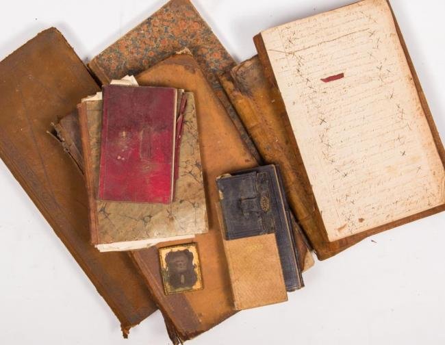 19thc. Ledgers, Account Books and Diaries: Salem, MA City Clerks Records, Day Book of Nemard Ship Owners Portsmouth, NH 1839, Portsmouth, NH ledger diary 1834, 1829 G.D. Waitz Ledger,etc., etc. Condition: Good to poor. See photographs