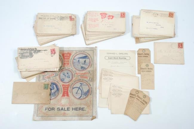 c1900 Bicycle Related Ipswich Ephemera / Darling: Including: Assortment of mailed correspondences from bicycle trade associated businesses, some with cycling related covers. "The Handy Automatic Brake" shelf advertisement, repair tags, envelopes and 