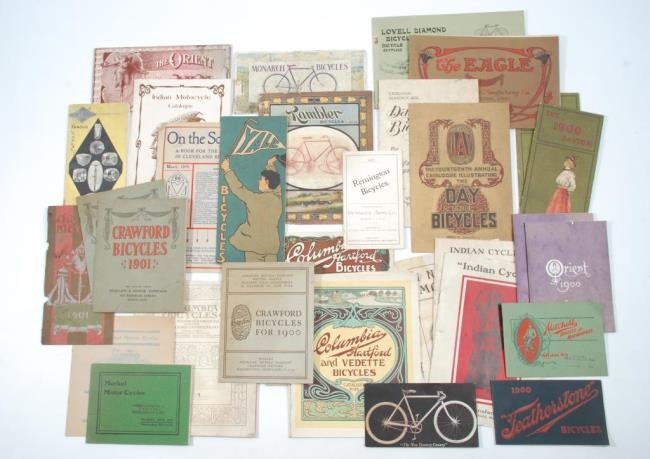 c1900 Collection of Bicycle Manufacturer Brochures: Catalogs and pamphlets for brands including Remington, Merkel Motor-Cycles, The 1900 Dayton, Orient, Mitchell, Featherstone, Crawford, Indian and Indian Motocycle, Day, Eagle, Monarch etc. Condition: 