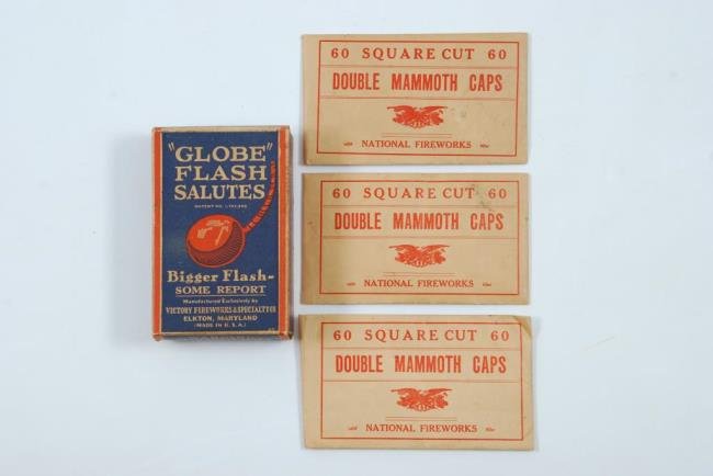 Globe Flash Salutes and Caps Elkton, Maryland: Together with (3) Envelopes of "Double Mammoth Caps" by National Fireworks. Condition: Good, original box and envelopes