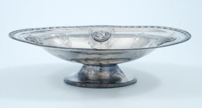 Theodate Pope Silver Plated Medallion Bowl: Brittania Co. Meriden, CT. Inscribed Theodate Pope under rim. Height 3 inches 12 inches widest diameter. Note: Theodate Pope designed Hill-Stead, the family estate (now Hill-Stead Museum) in Farmingto