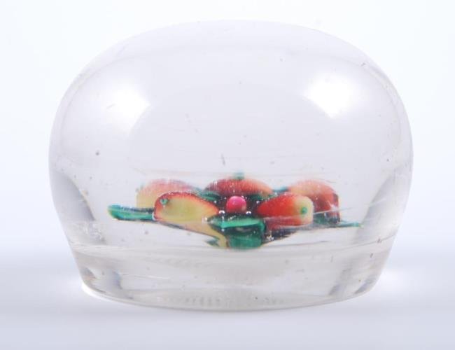 New England Glass Company Antique Paperweight: New England Glass Company: Fruit paperweight with a group of cherries and apples with green leaves arranged on a white latticino ground. 3 inches diameter. Condition: Good