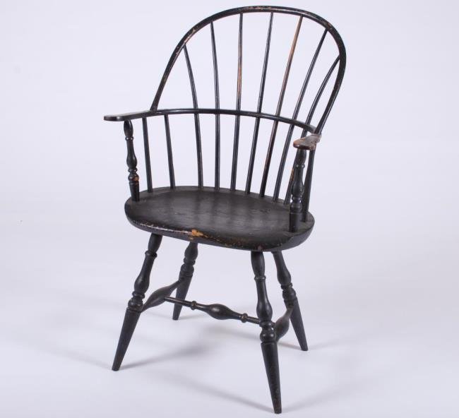 18thc. Sack Back Windsor Armchair in Black Paint: 30 x 23 x 16 inches. Condition: Repair to breaks to arms, wear to paint