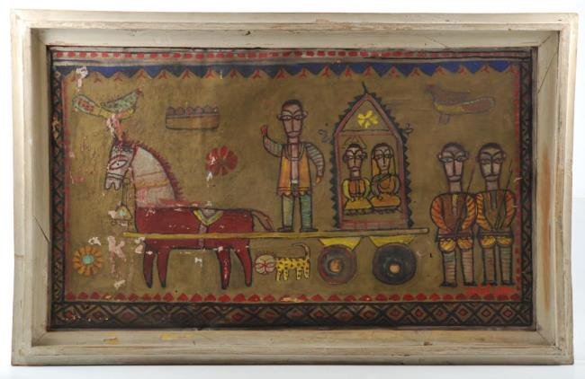 Jamini Roy (1887-1972) Parade with Bride: Tempera on canvas laid to paperboard19 x 33 inches. Signed lower right. Framed Condition: Water damage, flaking, canvas separating from paper board