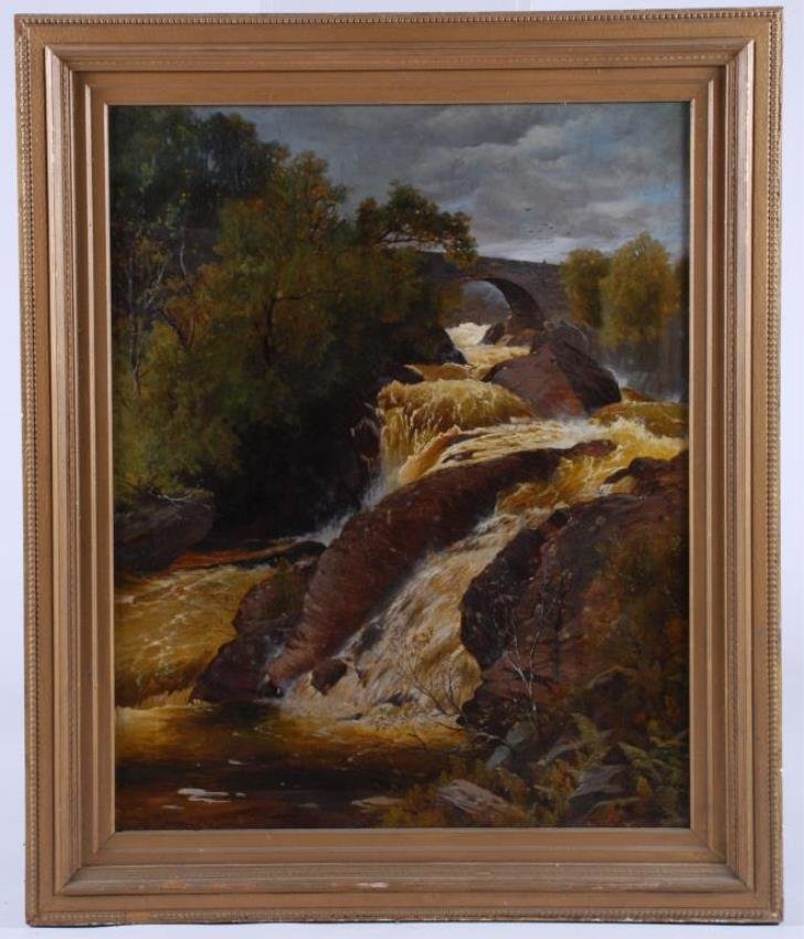 Ernest Parton (1845-1933) Bridge Over the Falls: Oil on Canvas 30 x 24 inches. Signed Ernest Parton 1874 lower left. Framed Condition: Craquelure, stretcher ghosts, varnish discoloration