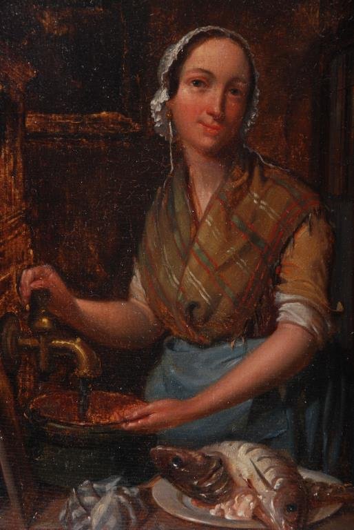 European School (Early 19th) Preparing the Dinner: Oil on cradled panel 13 x 10 inches. Signed J. Ahlbergh?" lower right. Framed. Condition: Good, minute craquelure.