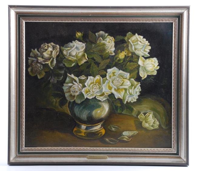 Sophia Mengeles (b.1893) Still Life of White Roses: Oil on canvasboard 18 x 21 inches. Unsigned and authenticated by Robert H. Cornell 1979 verso. Framed Note: Sophia Mengeles is reputed to be a New Zealand artist. Condition: Good