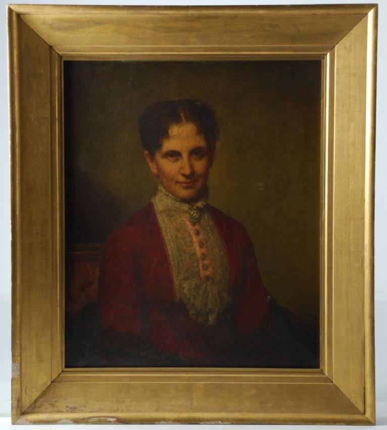 G.P.A. Healy (1813-1894) Portrait of a Woman: Oil on canvas 29 1/2 x 24 x 1/2 inches. Signed GPA Healy 1879 upper left. Framed. Together with a biography of the artist by De Mare. Condition: Good. Varnish discoloration