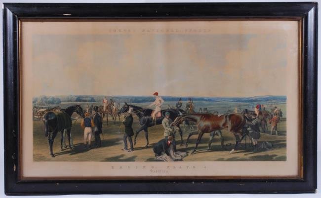 1856 Racing Plate 1 "Saddling" J. Harris London: Hand-colored engraving after the painting by J.F. Herring, Sr. 21 x 42 inches (plate) 25 x 45 inches sight with margins. Framed. Condition: Toning, White staining in upper right corner