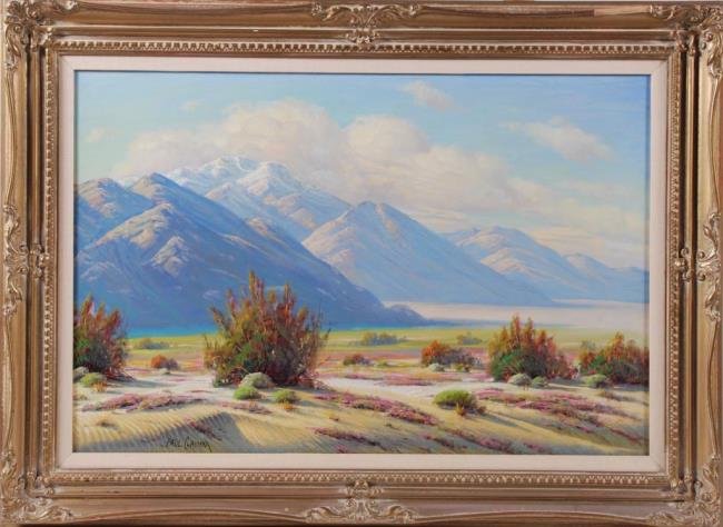 Paul Grimm (1891-1974) San Jacinto California: "Beneath San Jacinto" California oil on canvas 20 x 30 inches. Signed Paul Grimm lower left and verso. Framed Condition: Good