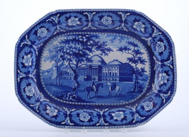 US Capitol Building Beauties of America by Ridgway: Historical Blue: Large Ridgway U. S. Capitol Platter. 21 x 16 inch platter marked on verso "Beauties of America/ Capitol./ Washington./ J. & W. Ridgway". Condition: Early staple repair to crack runnin