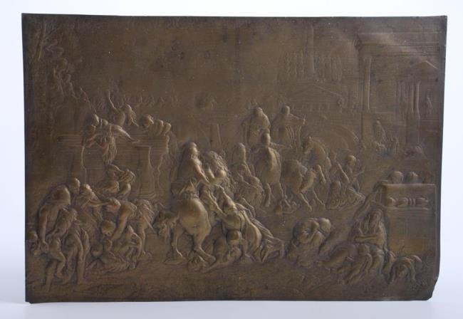 19thc. Bronze Plaque "Slaughter of the Innocents": Bas relief wall plaque signed "I. A. Gameer 1737"?. 14 3/4" l x 10" w Condition: Lower right corner bumped.