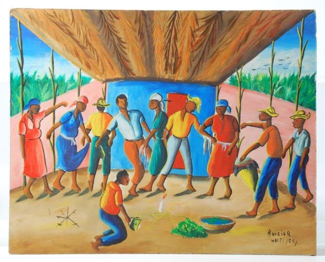 David Rouzier (20thc.) Haitian Voodoo Ritual: Oil on masonite 16 x 20 inches. Signed Rouzier Haiti '59. Unframed Condition: Good