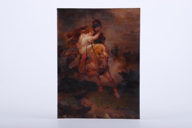 19thc. European School Romantic Period Painting: "The Horseback Rescue" Mid-19thc. Romantic Period oil and glazes on paper. 12 x 9 inches. Perhaps signed in cipher verso. Condition: Minor bloom, minor creases